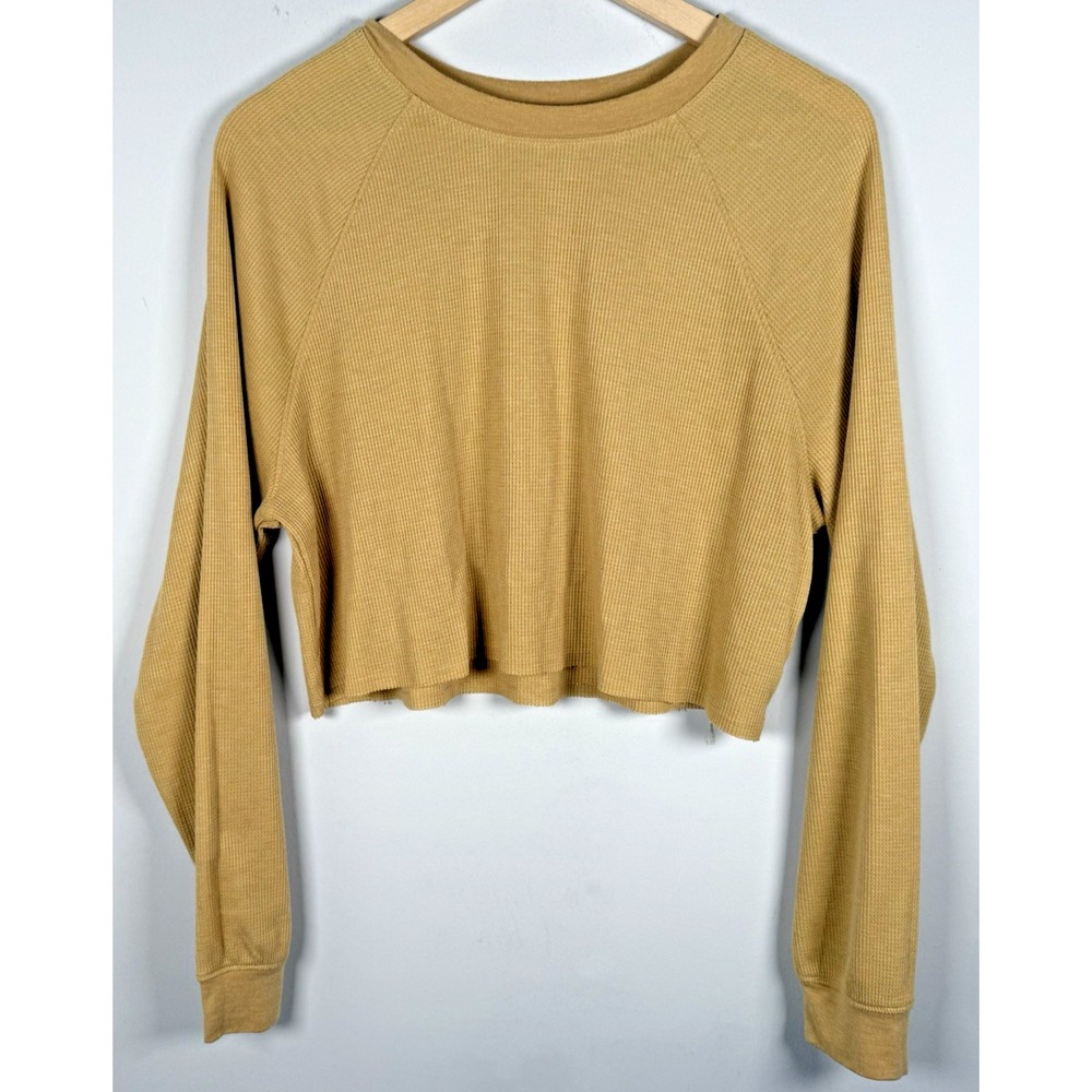 Carly Jean LA Lightweight Waffle Knit Crop Top Mustard Tan Size M Peasant Lagen